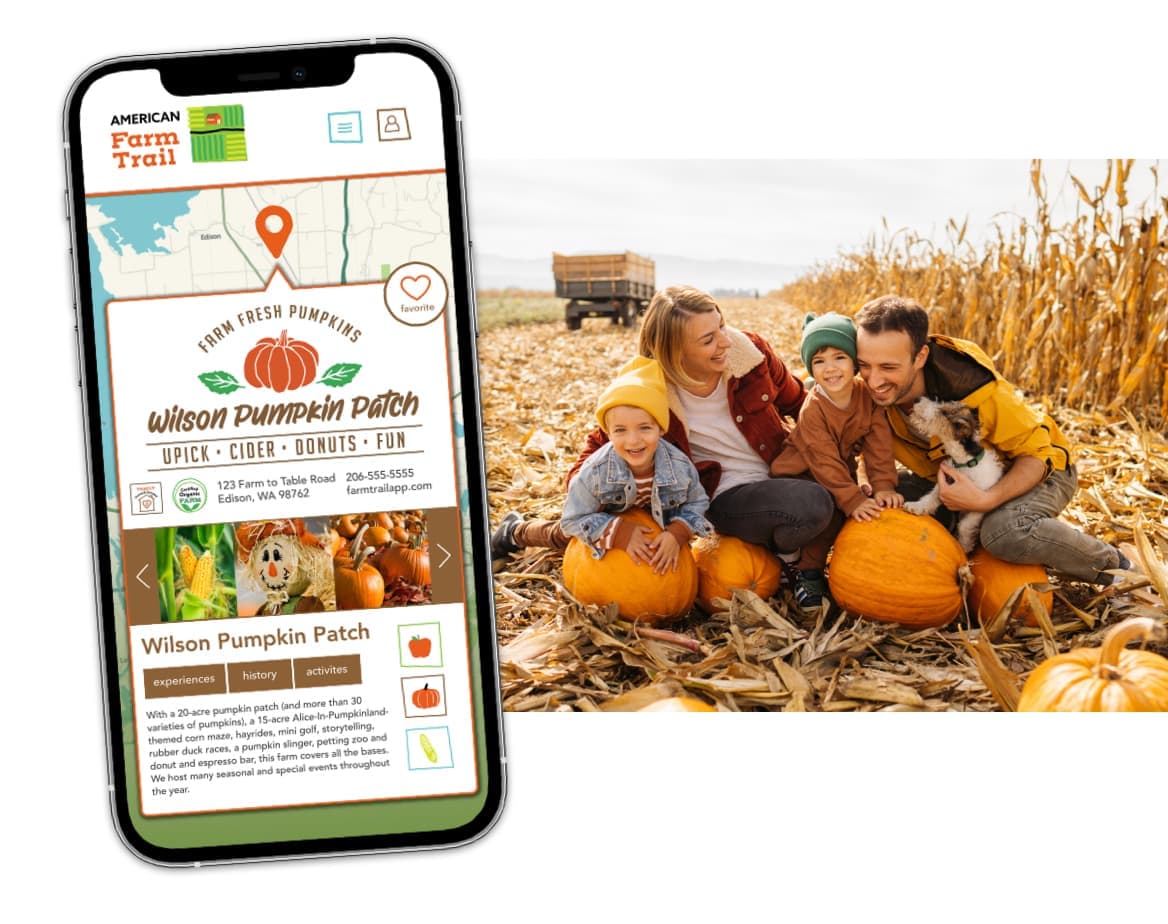 A product image demonstrating a helpful farm finder application on a phone