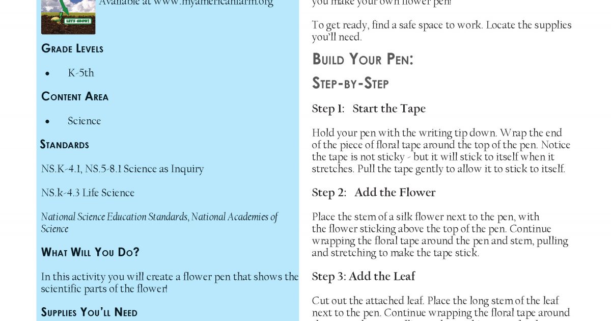 Scientific Flower Pens | Activity Sheet | American Farm Bureau ...